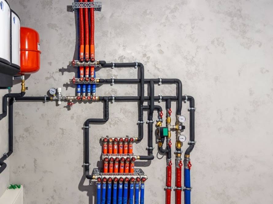 Modern hydronic heating system with boiler, pumps, and radiant floor setup