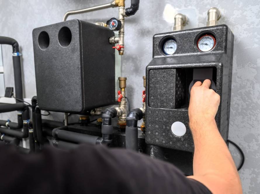 Close-up of a hand adjusting settings on a modern electric boiler used for home heating