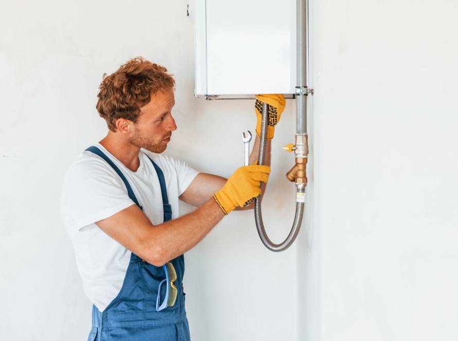 Technician fixing a home water heater system with safety gloves during service