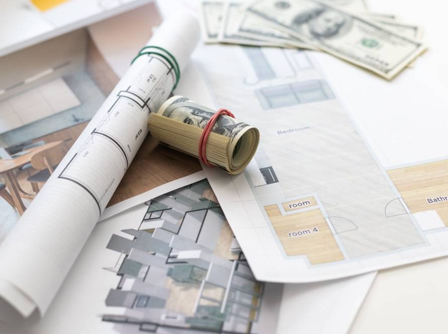 Home renovation cost planning scene with engineering tools, rolled cash secured with an elastic band, and apartment layout drawings on a wooden table.
